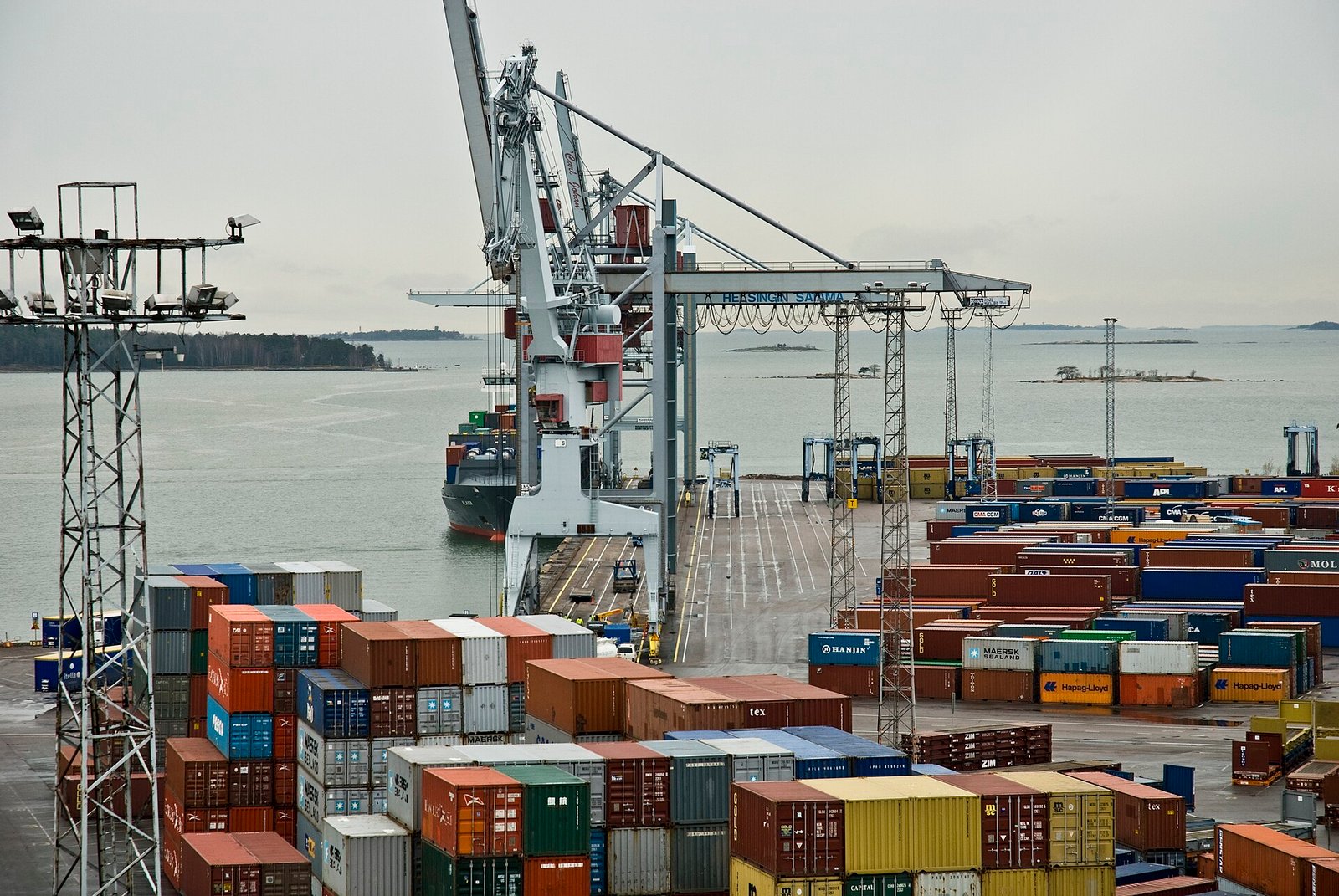 Container ship loading at a port terminal